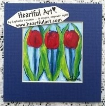 Red tulips on blue print - Heartful Art by Raphaella Vaisseau