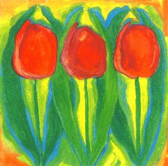 Red tulips on yellow green print