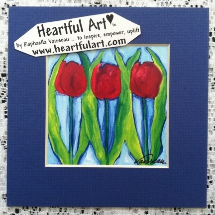 Red Tulips on Blue print - Heartful Art by Raphaella Vaisseau