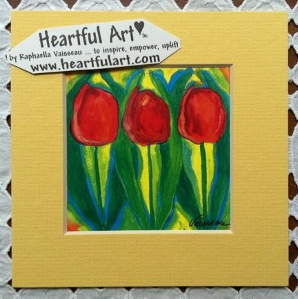 Red Tulips on Yellow Green print - Heartful Art by Raphaella Vaisseau